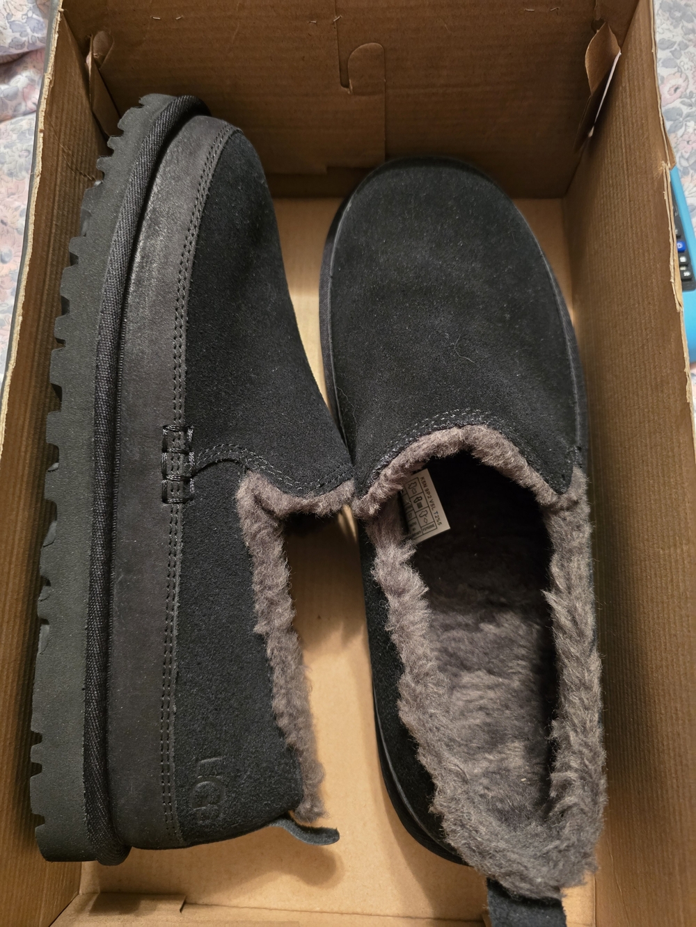 UGG Men's Nomad Black Suede Slip-On Fur-Trim Loafers/Slippers-New In Box